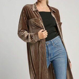 Umgee USA Textured Curved Hem Button-Down Shirt Dress -Casual & Chic Olive Brown